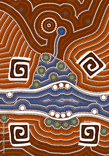 A illustration based on aboriginal style of dot painting depicti