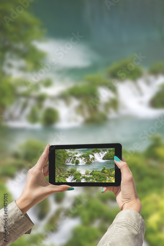 Photographed Plitvice Lakes with tablet
