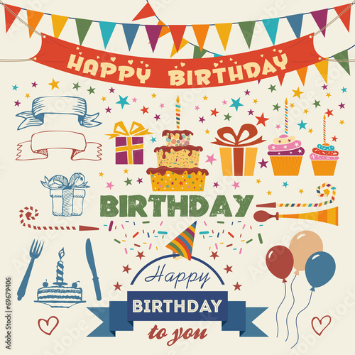Set of vector birthday party flat design elements