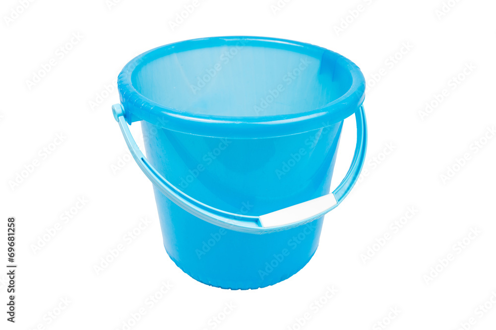 empty blue plastic household bucket on a white background empty blue plastic household bucket on a white background