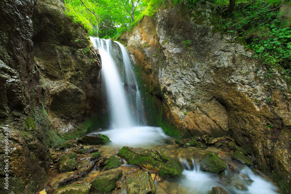 Deep forest waterfalls in the Transylvanian Alps