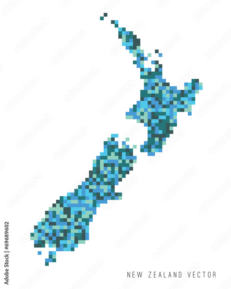 A vector outline of New Zealand in a pixel art style