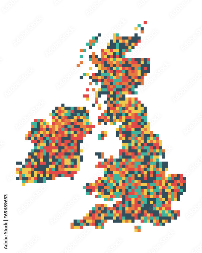A pixel art style vector of the British Isles and Ireland