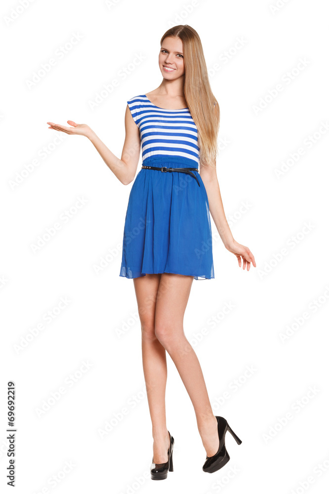 Smiling woman showing open hand palm with copy space for produc Smiling woman showing open hand palm with copy space for produc