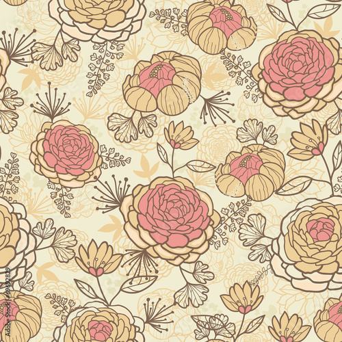 Vintage brown pink flowers seamless pattern background