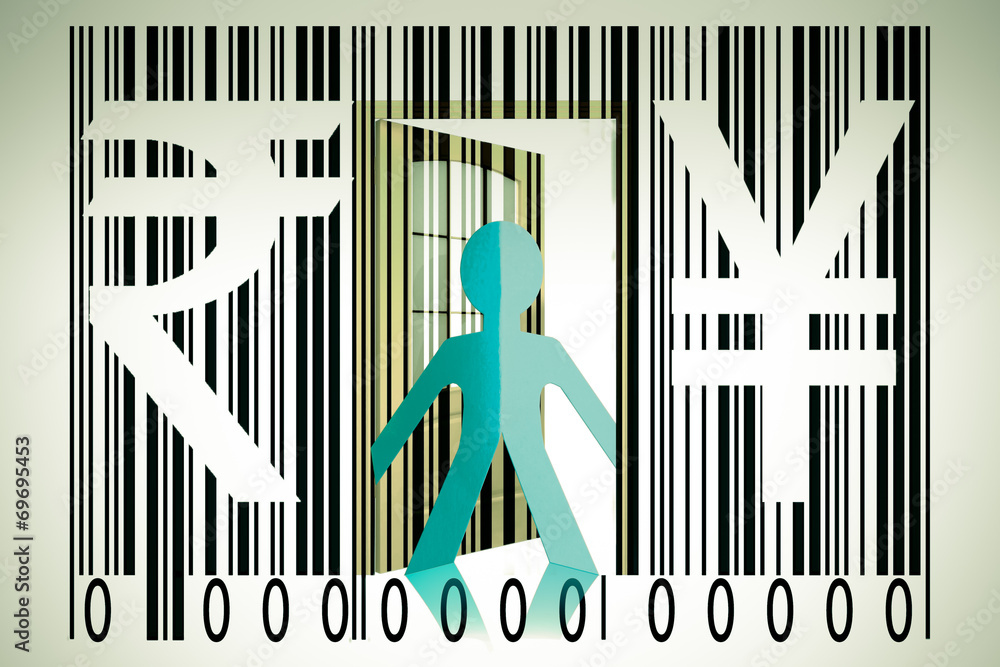 Paperman coming out of a bar code with Rupee and Yen Signs Paperman coming out of a bar code with Rupee and Yen Signs