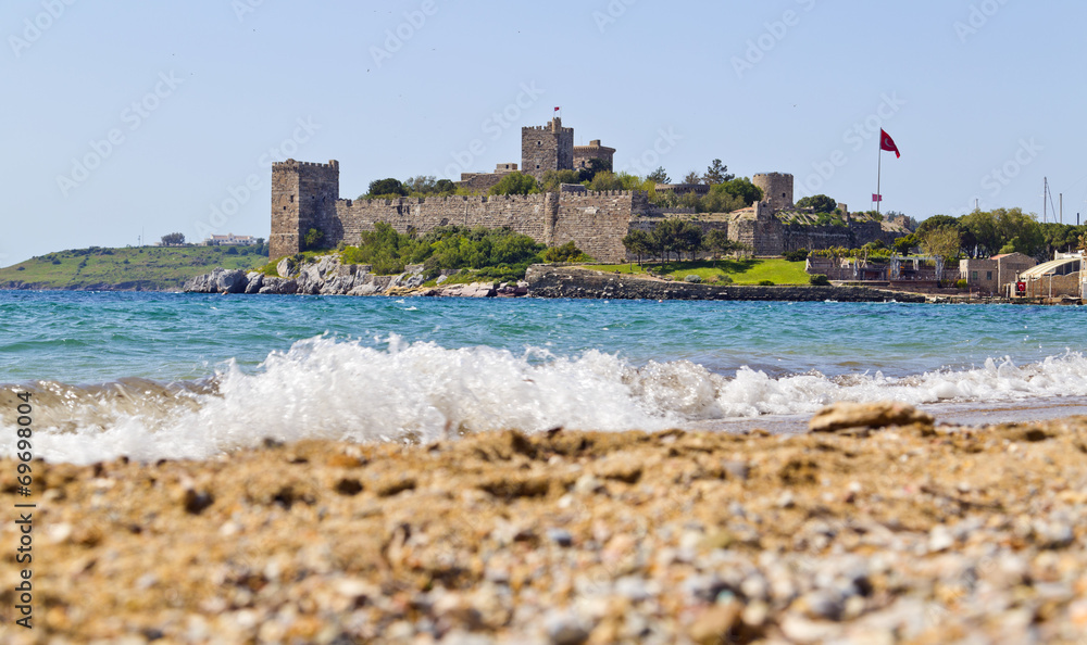 View of Bodrum Castle or the Castle of St. Petrus in Bodrum town of Mugla, Aegean coast of Turkey.