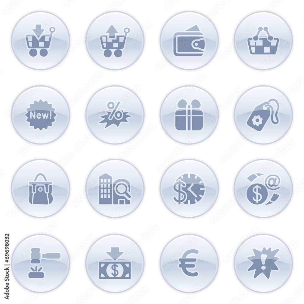 Commerce icons on blue buttons.