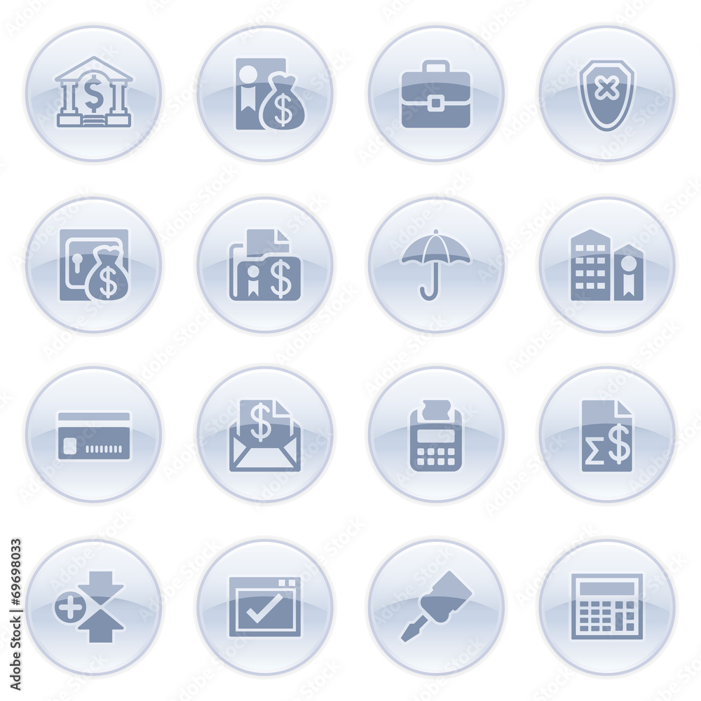 Banking icons on blue buttons.