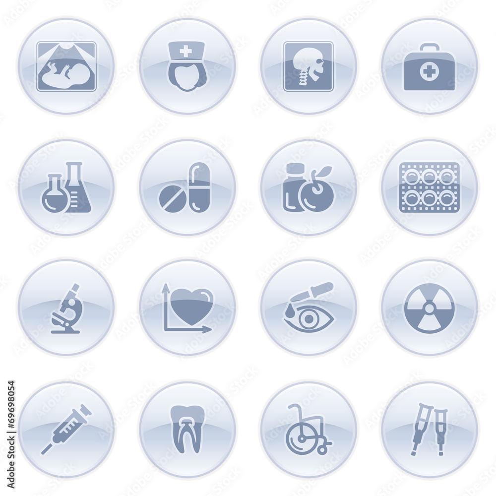 Medicine icons on blue buttons.