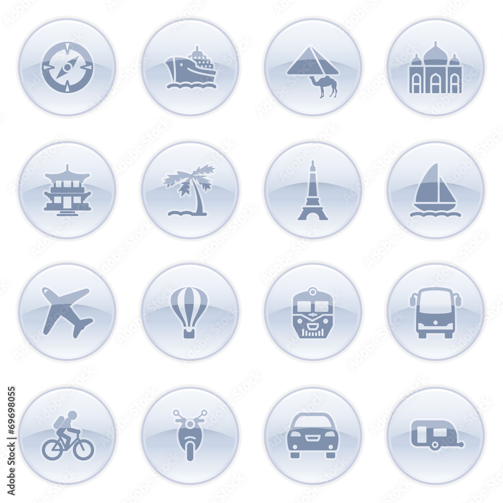 Travel icons on blue buttons. Travel icons on blue buttons.