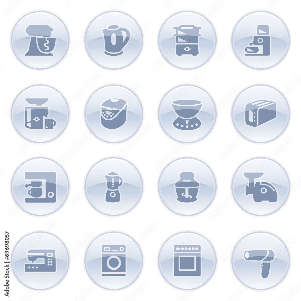 Home appliances icons on blue buttons. Home appliances icons on blue buttons.