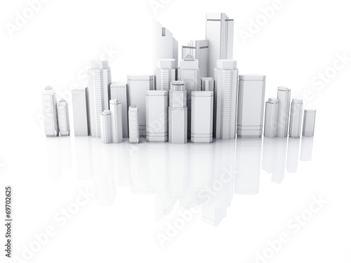 3d render of white city isolated on mirror background