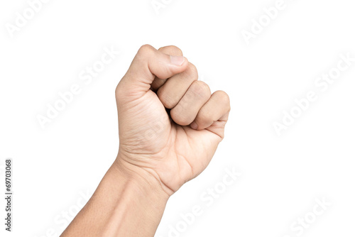 hand - raised up clenched fist, isolated on white background