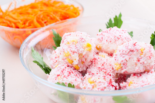 Two salad in glass plate on the table