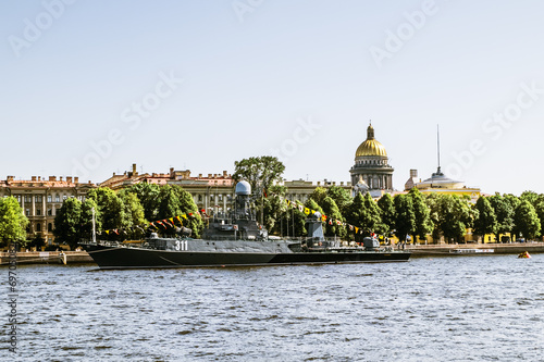 Warships in the waters of the Neva River in St. Petersburg at th