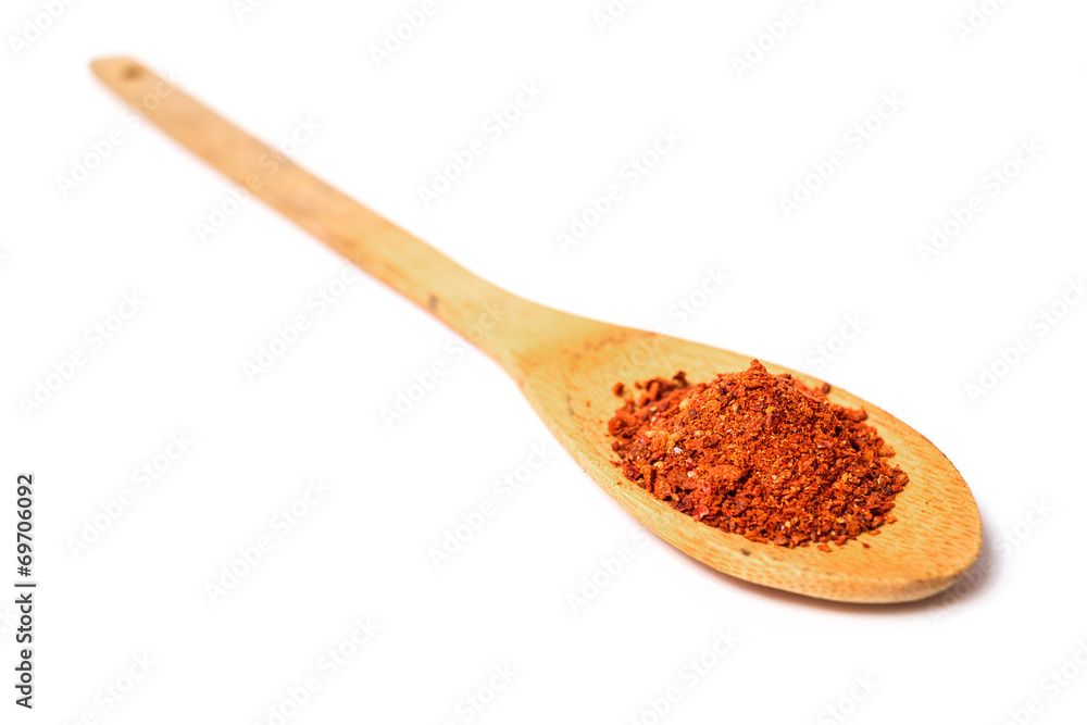 Dry paprika on wooden spoon Dry paprika on wooden spoon