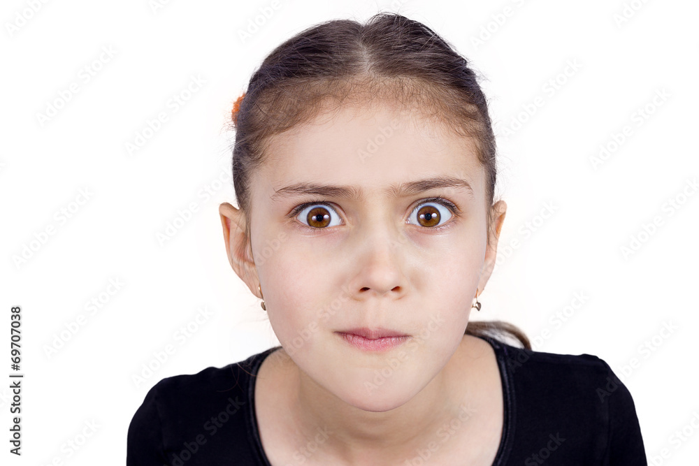 Girl looking suspicious, disapproval, surprise on face Girl looking suspicious, disapproval, surprise on face