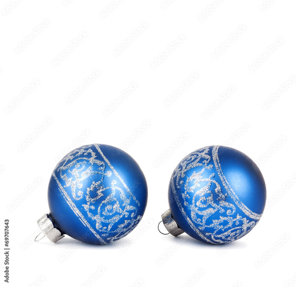 Blue Christmas balls with silver ornament isolated on white back Blue Christmas balls with silver ornament isolated on white back