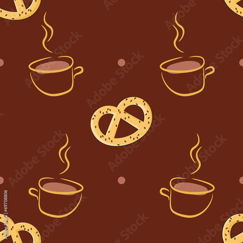Seamless pattern with delicious pretzels and cups of coffee