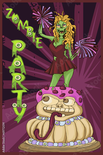 zombie cheerleader jumps out of cake. cartoon character