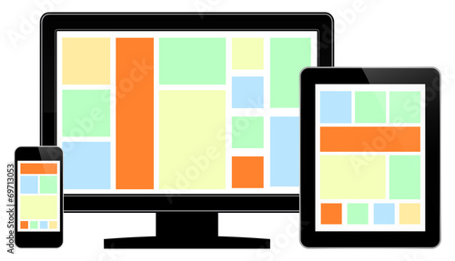 Modern Lcd Monitor With Smart Phone And Tablet Isolated On White