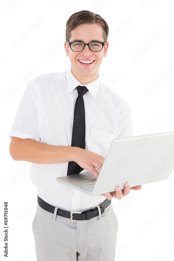 Nerdy businessman holding his laptop Nerdy businessman holding his laptop