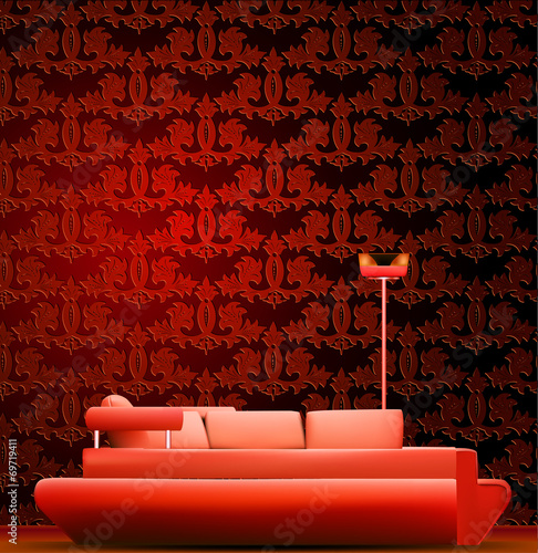 Interior of a room with sofa and red wallpaper. Vector