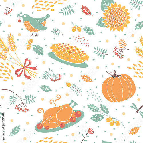 Seamless pattern with pumpkins, leaves, wheat and turkey.