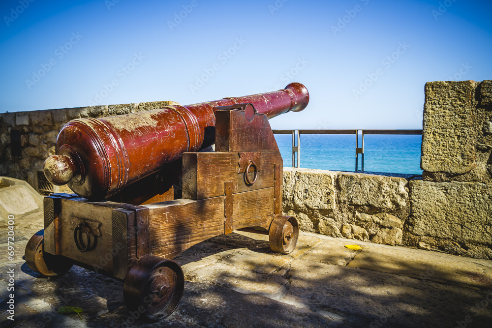 Defense, Spanish cannon pointing out to sea fortress Defense, Spanish cannon pointing out to sea fortress
