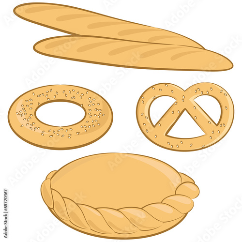 Bakery. Different bakery set with baguette, pie, bretzel