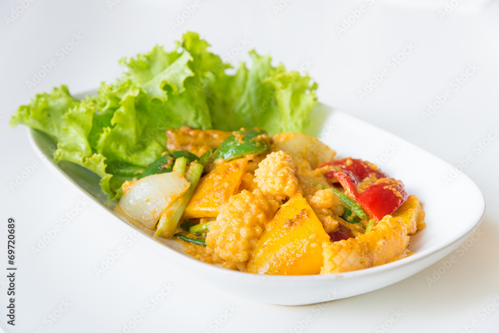 Stir fried squid with salted egg yolk. Stir fried squid with salted egg yolk.