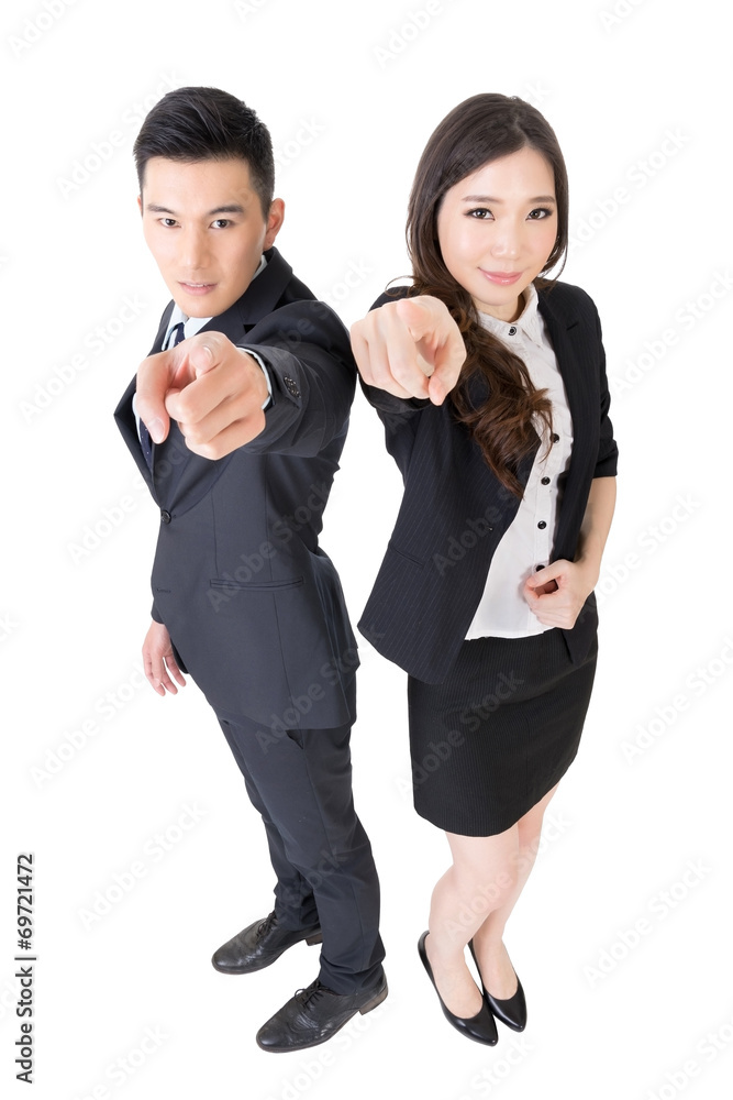 business man and woman point at you business man and woman point at you