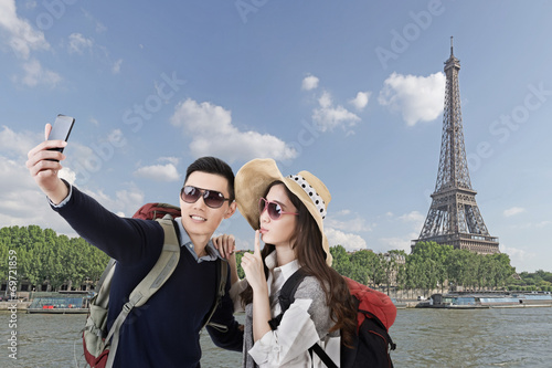 Asian couple travel and selfie