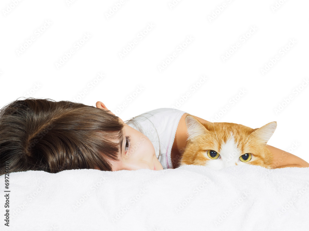 Funny caucasian child kid girl with red cat isolated Funny caucasian child kid girl with red cat isolated