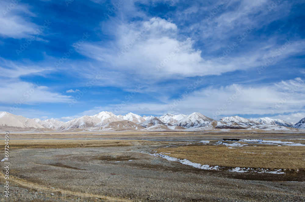 High altitude Tibetan plateau and cloudy sky at Qinghai province
