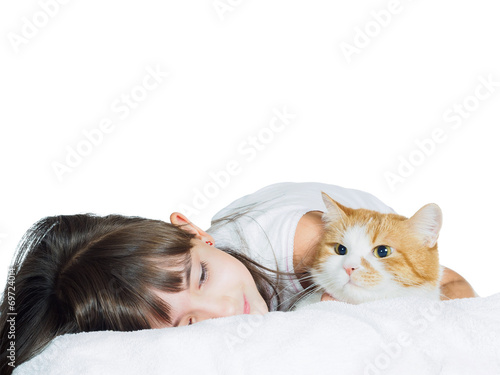 Funny caucasian child kid girl with red cat isolated