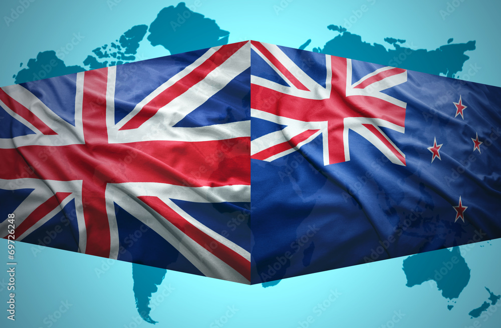 Waving New Zealand and British flags Waving New Zealand and British flags