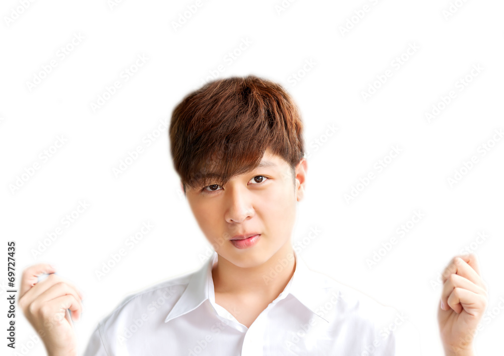 Portrait of Asian male showing his empty isolated Portrait of Asian male showing his empty isolated