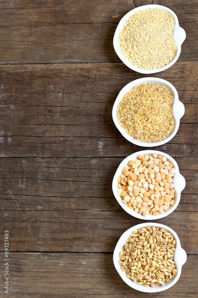 Millet, spelt, bulgur and yellow peas Stock Photo Adobe Stock