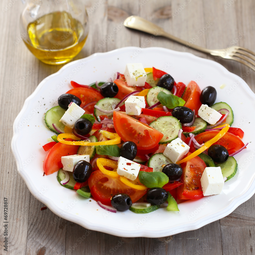 Summer salad with Feta cheese and olives