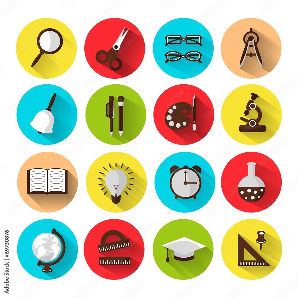 set of 16 school icons, brightly colored set of 16 school icons, brightly colored