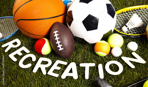 Recreation word with sports equipment 
