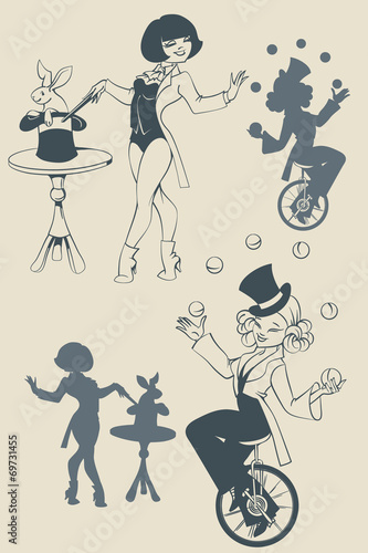 Pinup equilibrist juggling balls and illusionist