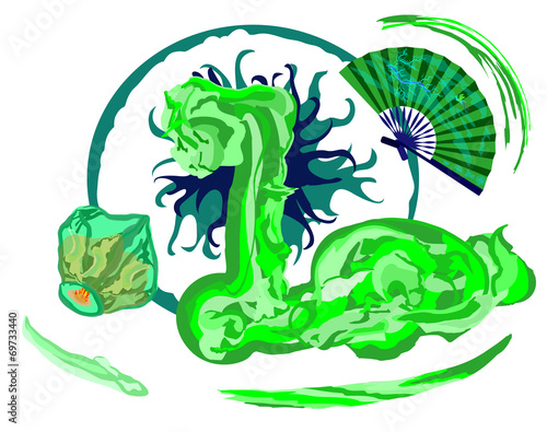 green dragon with Chinese flying sky lantern and hand fan