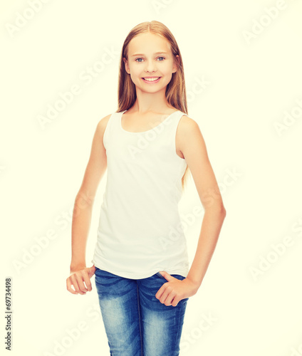 smiling teenage girl in blank white shirt