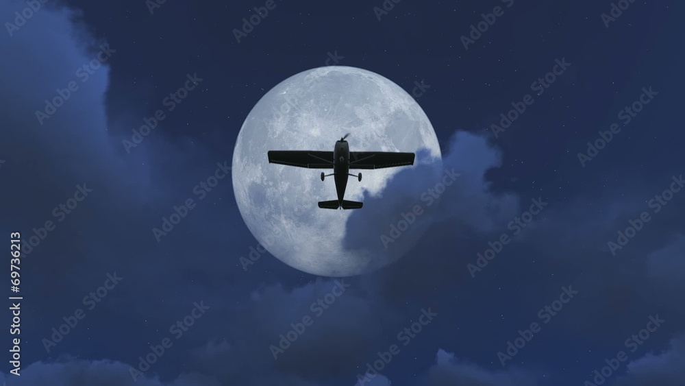 Small Plane taking off at night with a full moon background Small Plane taking off at night with a full moon background