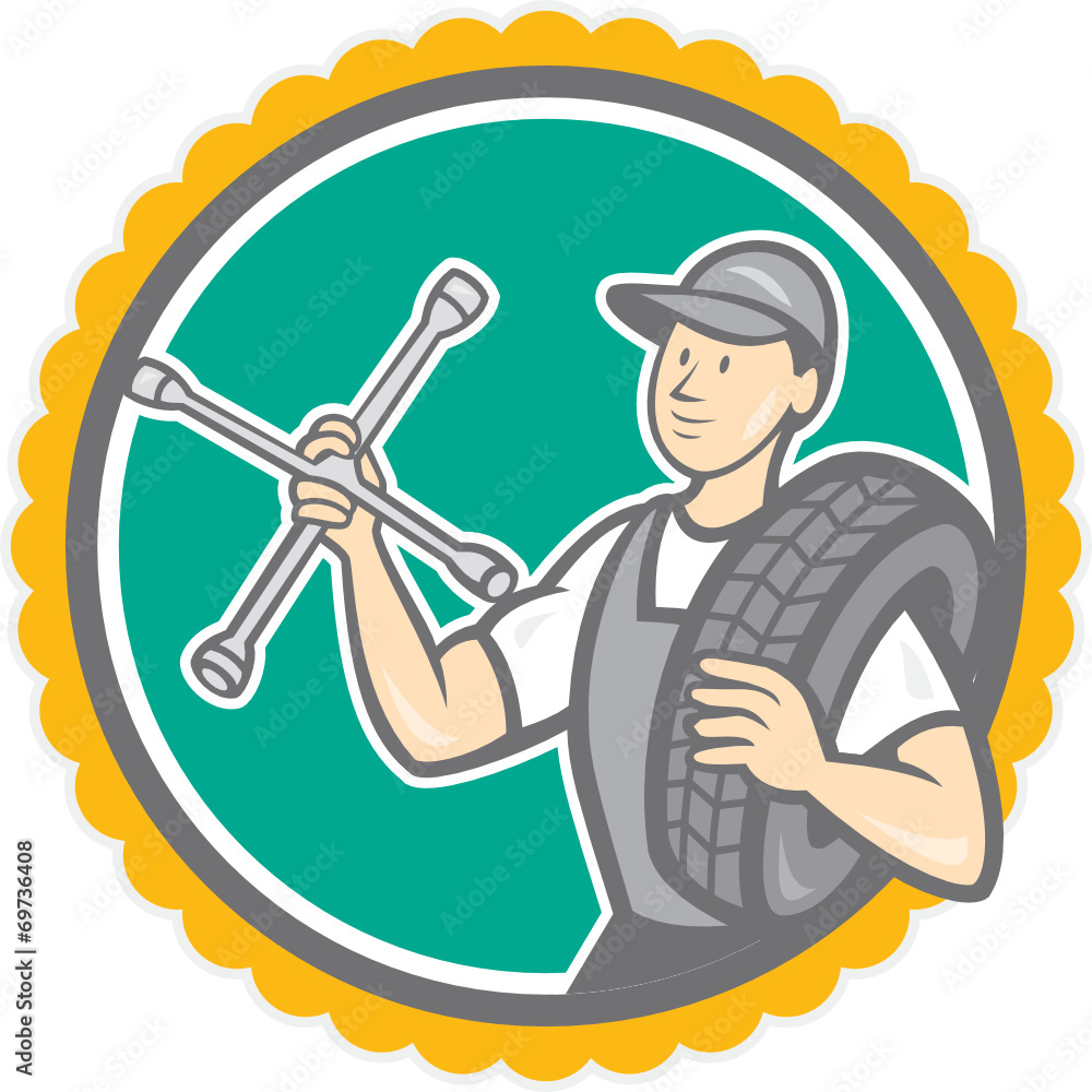Mechanic With Tire Wrench Rosette Cartoon Mechanic With Tire Wrench Rosette Cartoon