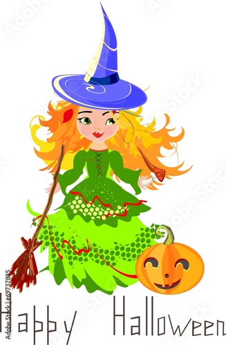 Halloween postcard with little witch and broom