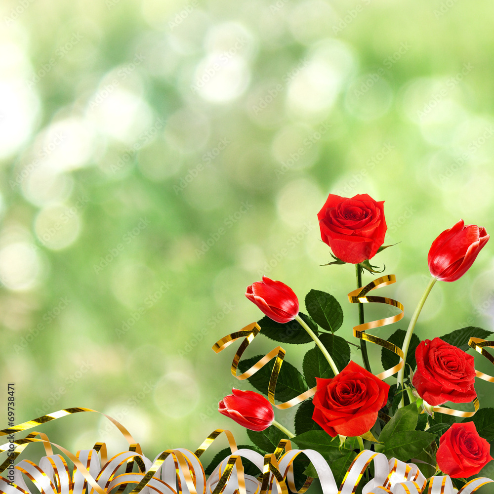 Bouquet of red roses and tulips with green leaves and ribbons on Stock ...